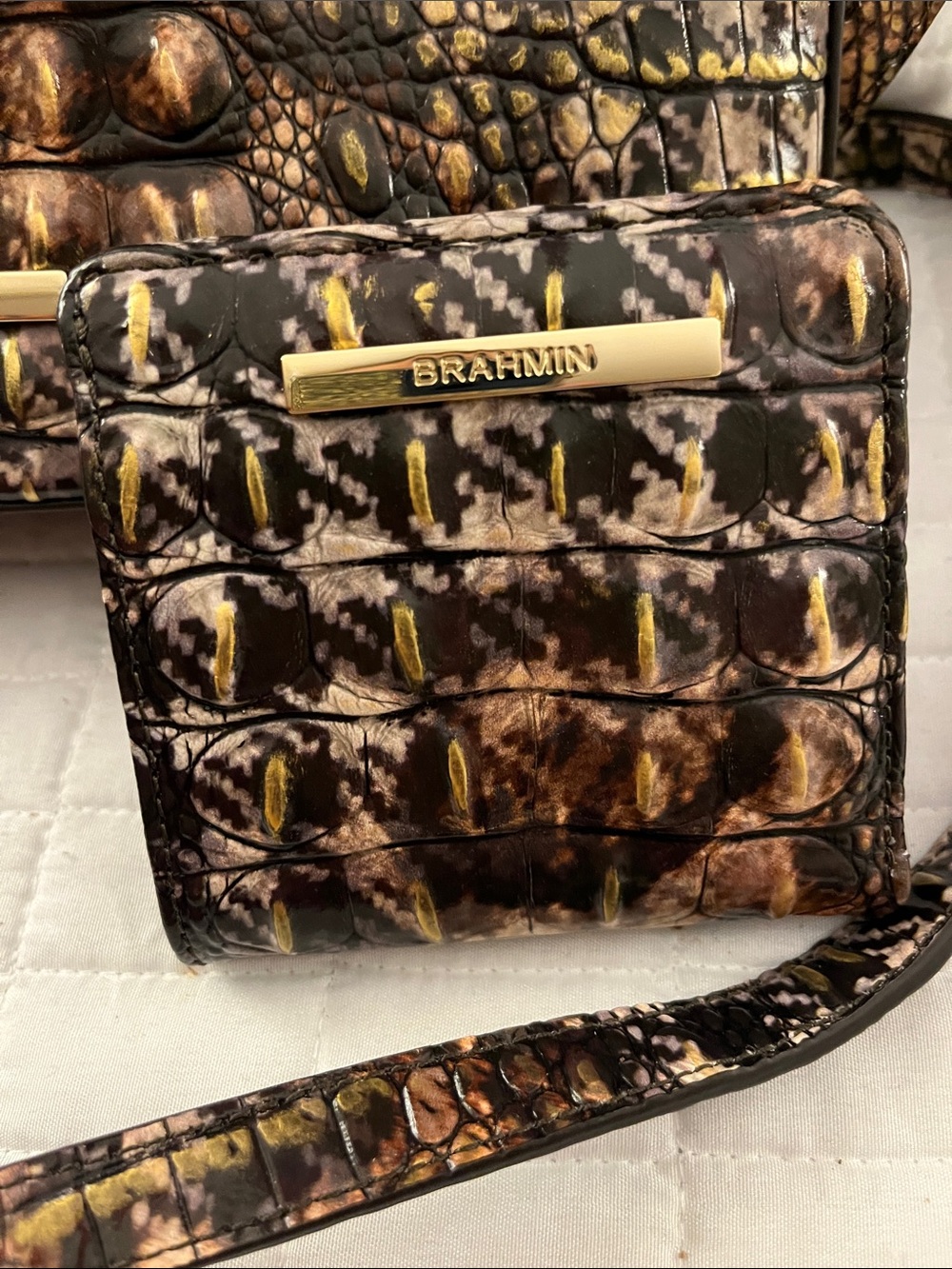 NWOTBrahmin Croc Design Leather Crossbody Bag & Wallet-Brown & Gold Houndstooth - Picture 2 of 16